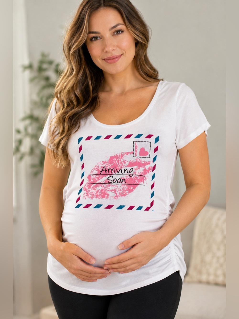 Motherhood Maternity Ruched Graphic Tee - "Arriving Soon" White Size M